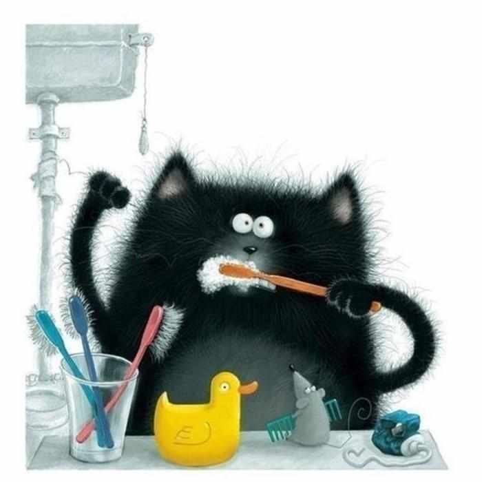 кот чистит зубы